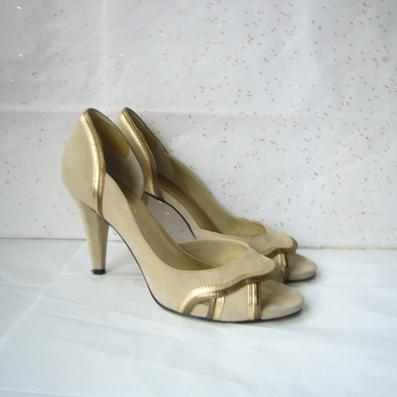 Franco Sarto Beige Gold d'Orsay Peep Toe Pump Great Gatsby Deco  8 Event Party - Picture 1 of 8